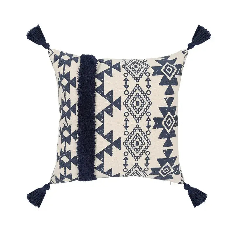 Ethnic geometric printed navy & white cushion cover living room tassels