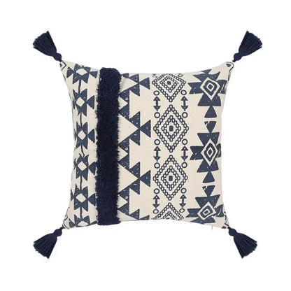 Ethnic geometric printed navy & white cushion cover living room tassels