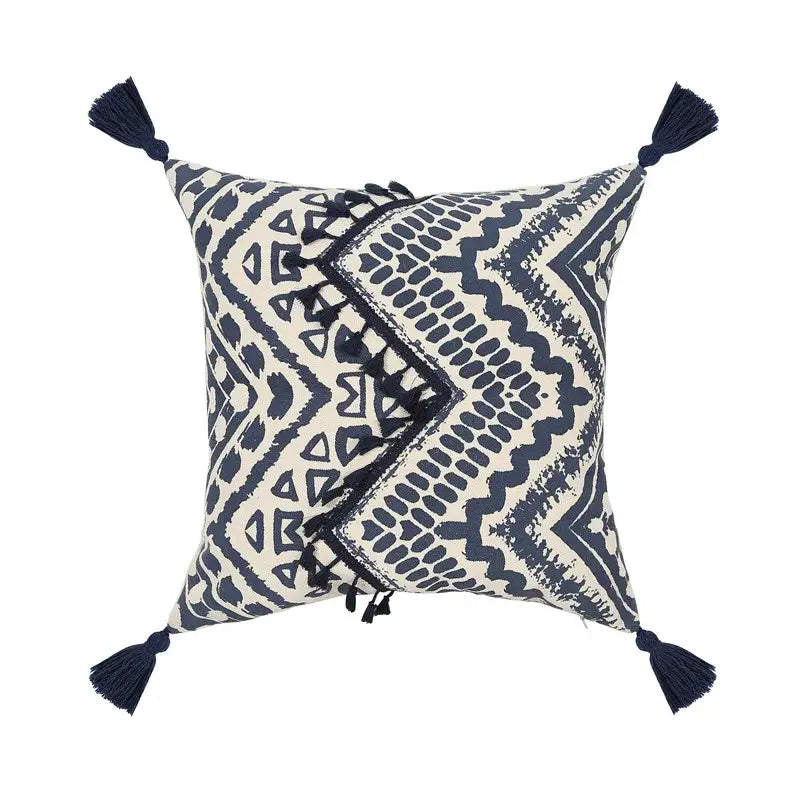 Ethnic geometric printed navy & white cushion cover living room tassels