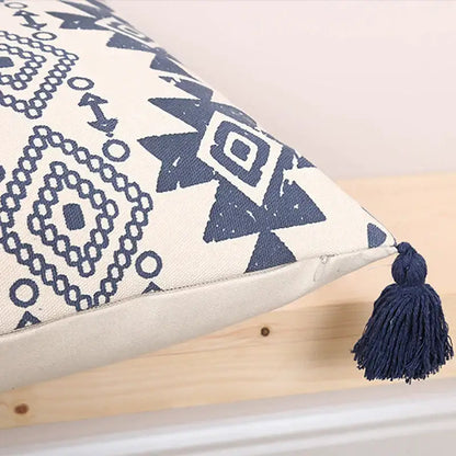 Ethnic geometric printed navy & white cushion cover living room tassels