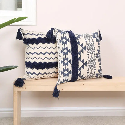 Ethnic geometric printed navy & white cushion cover living room tassels