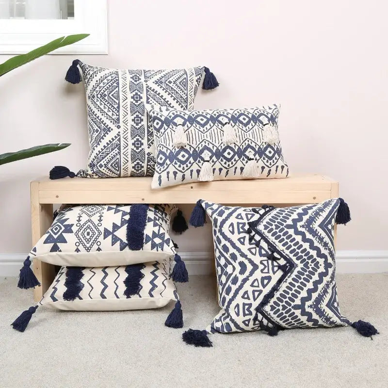 Ethnic geometric printed navy & white cushion cover living room tassels
