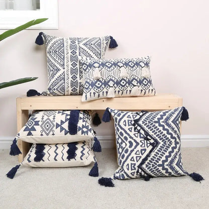 Ethnic geometric printed navy & white cushion cover living room tassels