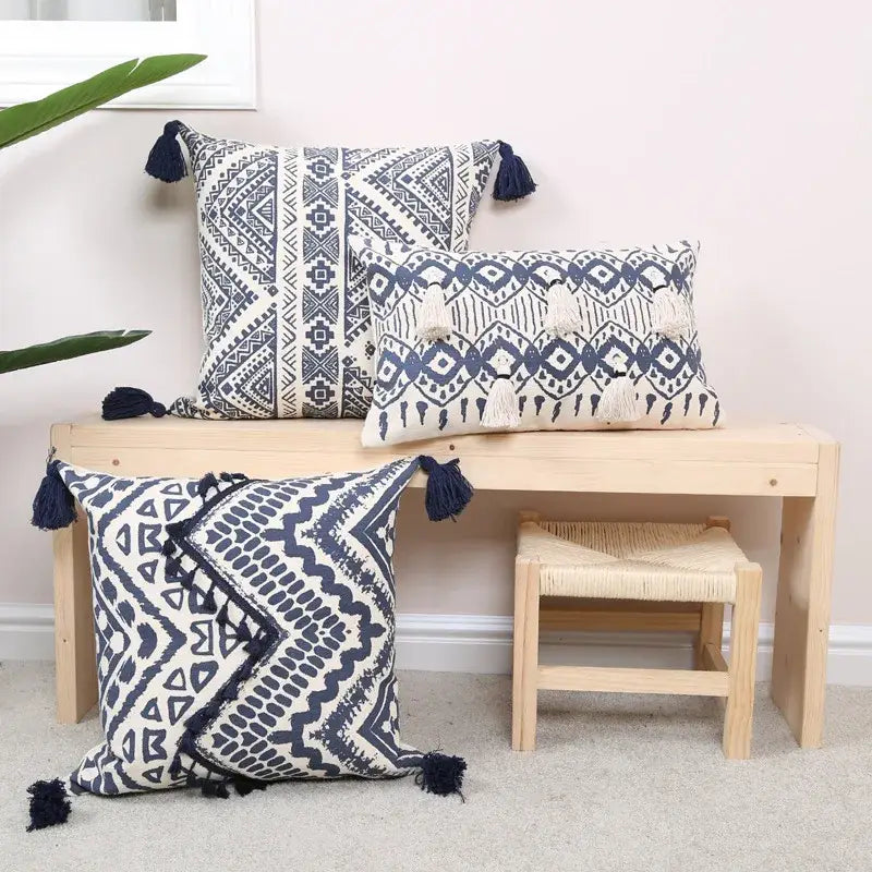 Ethnic geometric printed navy & white cushion cover living room tassels