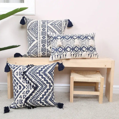 Ethnic geometric printed navy & white cushion cover living room tassels