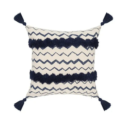Ethnic geometric printed navy & white cushion cover living room tassels
