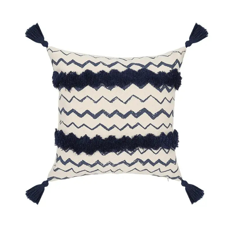 Ethnic geometric printed navy & white cushion cover living room tassels