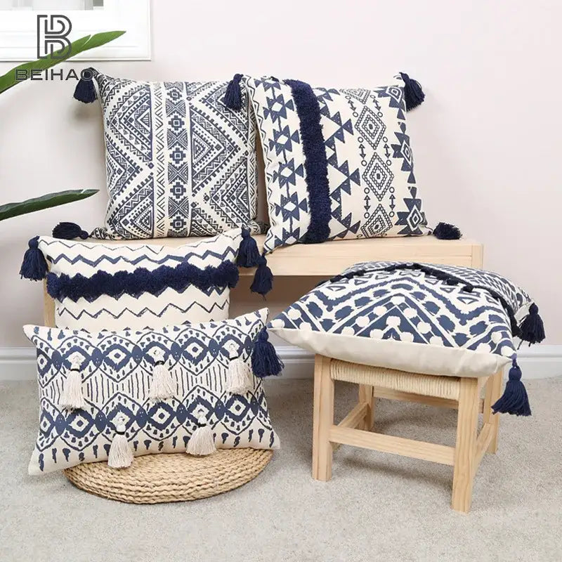 Ethnic geometric printed navy & white cushion cover living room tassels