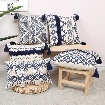 Ethnic geometric printed navy & white cushion cover living room tassels