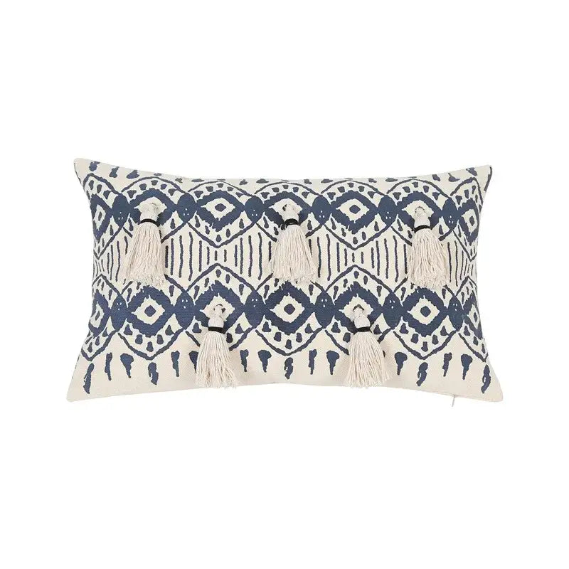 Ethnic geometric printed navy & white cushion cover living room tassels
