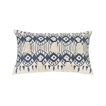 Ethnic geometric printed navy & white cushion cover living room tassels