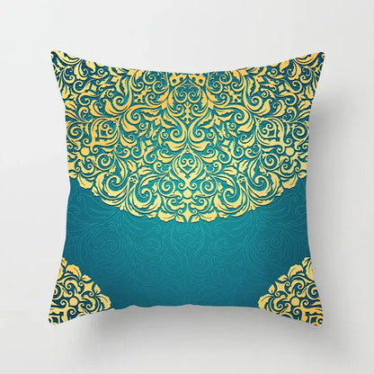 Ethnic geometric square pillowcase teal & gold living room decor