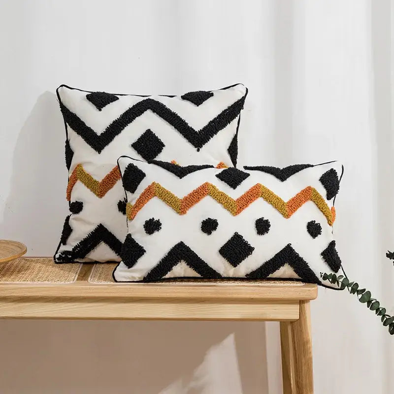 Ethnic style black & orange geometric cushion cover living room tassel