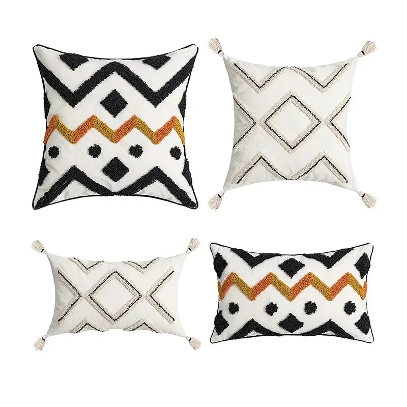 Ethnic style black & orange geometric cushion cover living room tassel