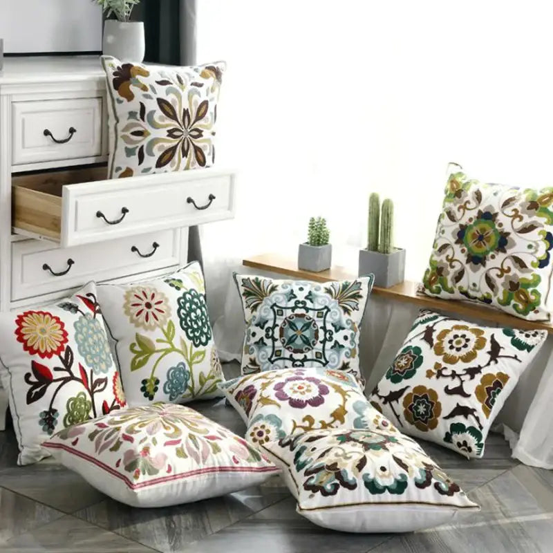 Ethnic style floral canvas pillow cover living room decor