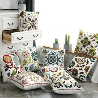 Ethnic style floral canvas pillow cover living room decor