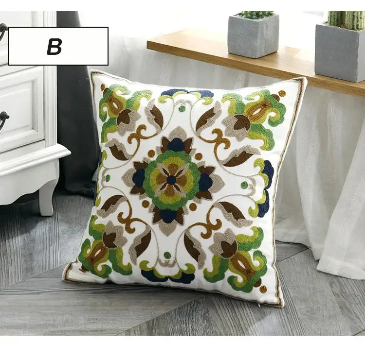 Ethnic style floral canvas pillow cover living room decor