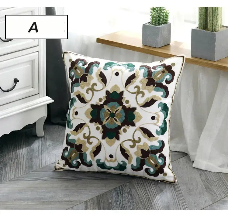 Ethnic style floral canvas pillow cover living room decor
