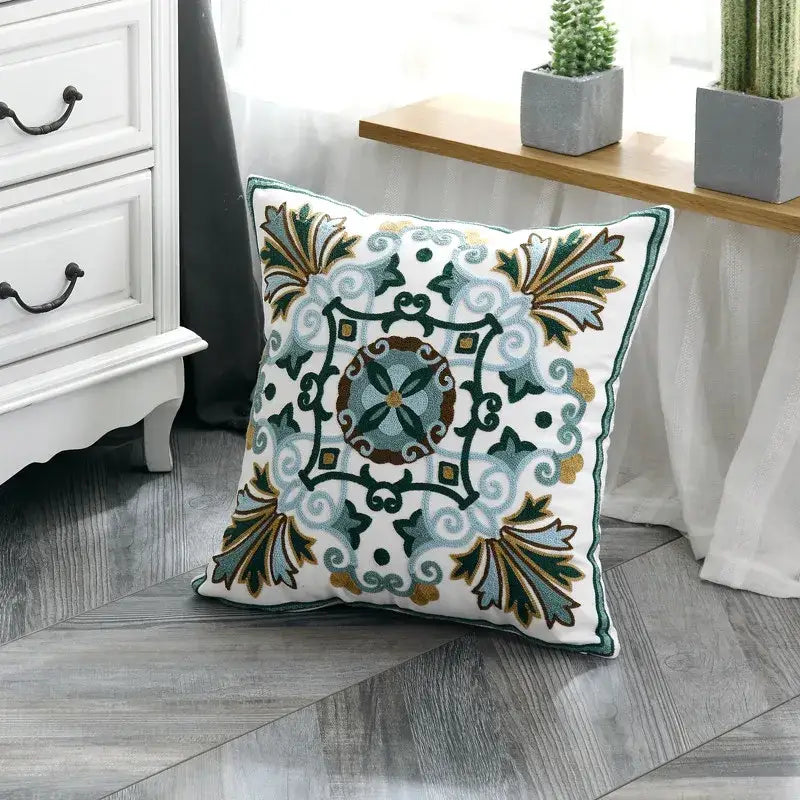Ethnic style floral canvas pillow cover living room decor