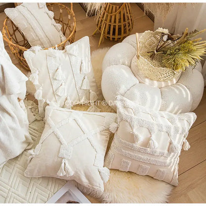 Ethnic tufted cushion case cream and white living room pillow cover