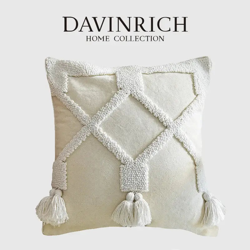 Ethnic tufted cushion case cream and white living room pillow cover