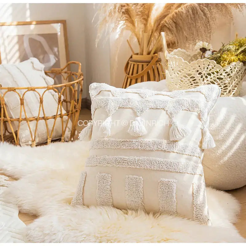 Ethnic tufted cushion case cream and white living room pillow cover