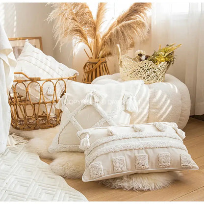 Ethnic tufted cushion case cream and white living room pillow cover