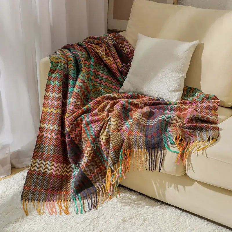 Ethnic wave woven tassel blanket bedroom multicolored zigzag throw