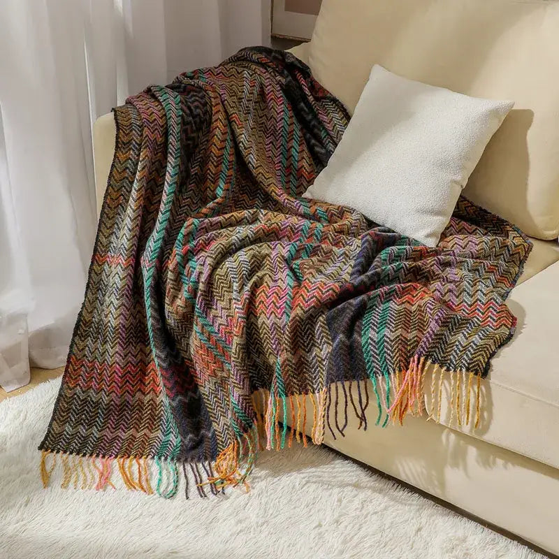 Ethnic wave woven tassel blanket bedroom multicolored zigzag throw