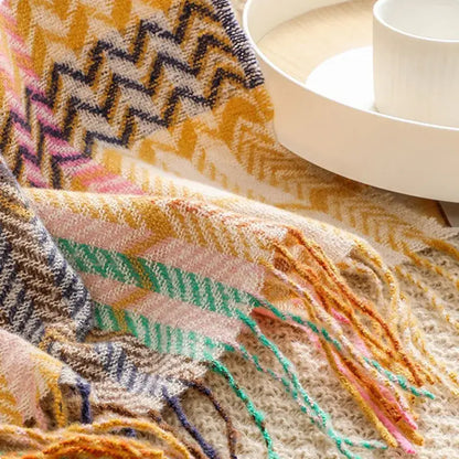 Ethnic wave woven tassel blanket bedroom multicolored zigzag throw