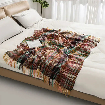Ethnic wave woven tassel blanket bedroom multicolored zigzag throw