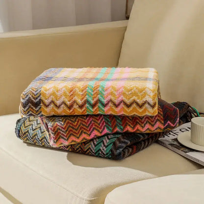 Ethnic wave woven tassel blanket bedroom multicolored zigzag throw