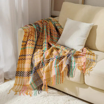 Ethnic wave woven tassel blanket bedroom multicolored zigzag throw