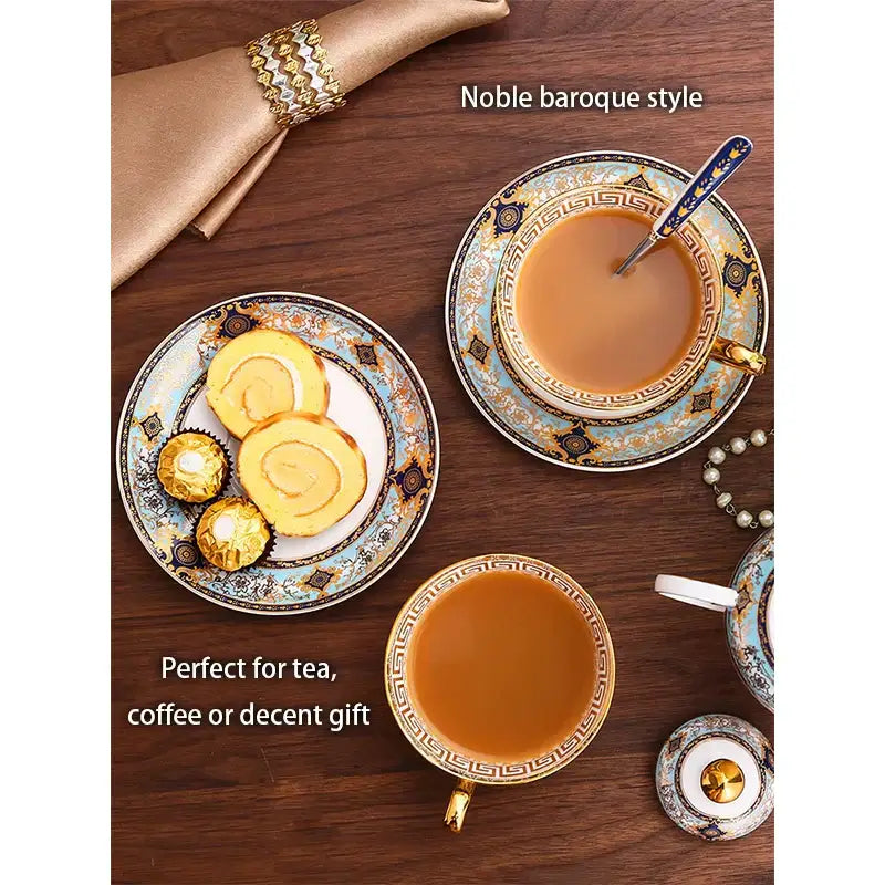 European blue & gold bone china tea set dining room porcelain teaware