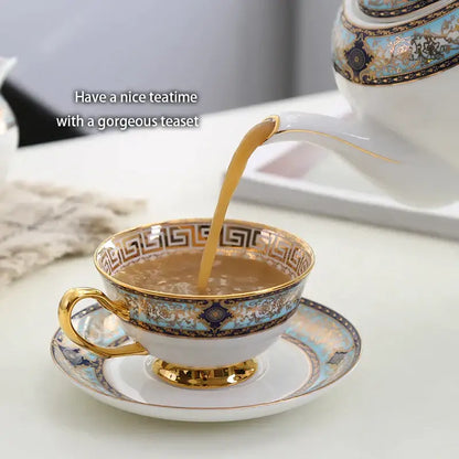 European blue & gold bone china tea set dining room porcelain teaware