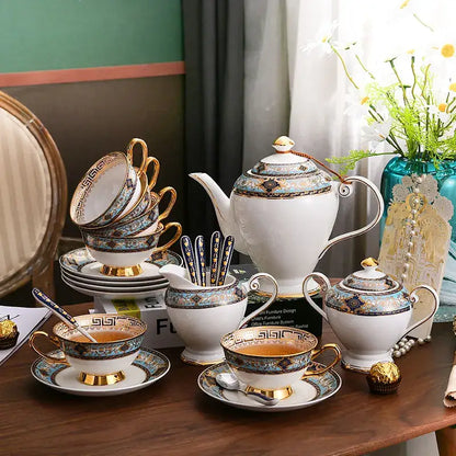 European blue & gold bone china tea set dining room porcelain teaware