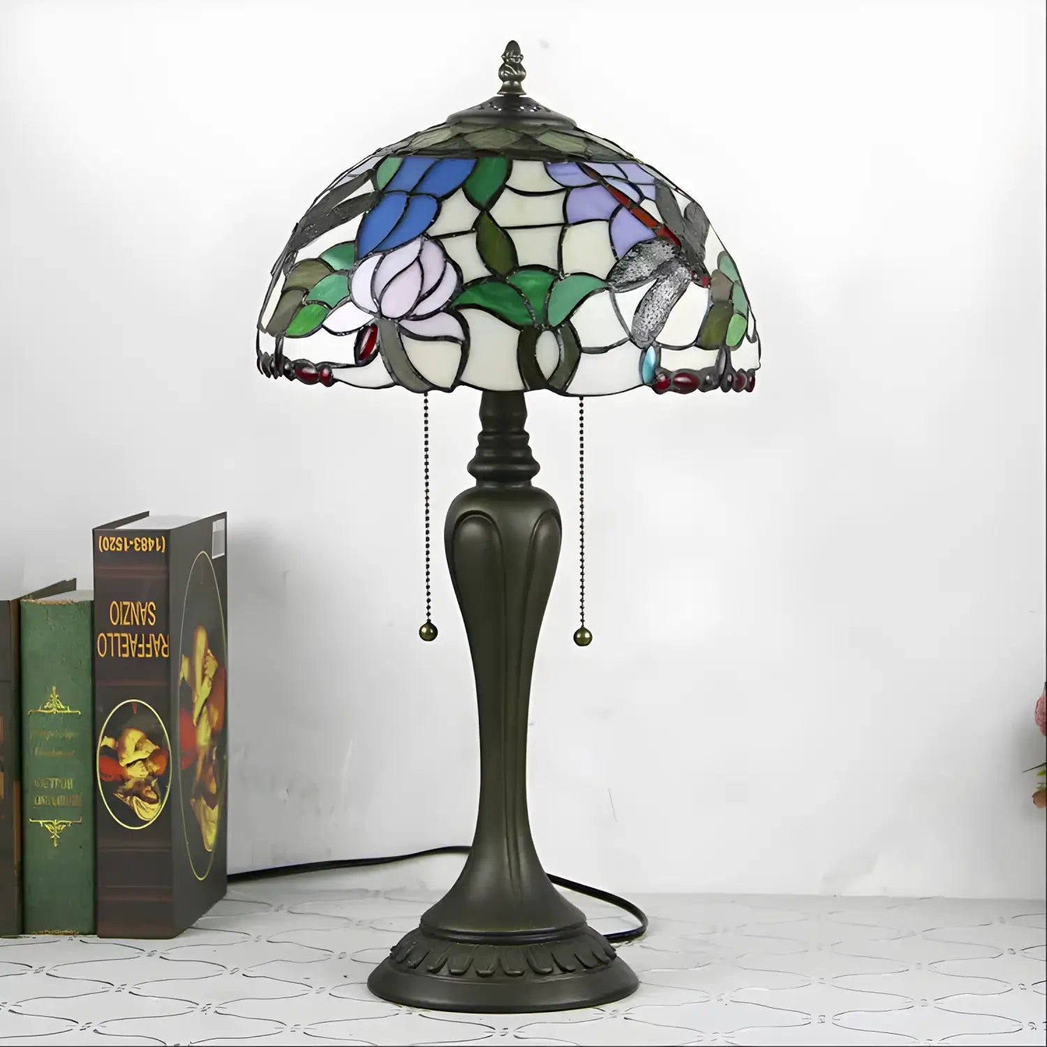 European Tiffany-Inspired Lamp with Dragonfly Design