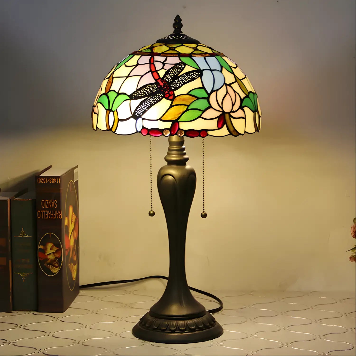 European Tiffany-Inspired Lamp with Dragonfly Design