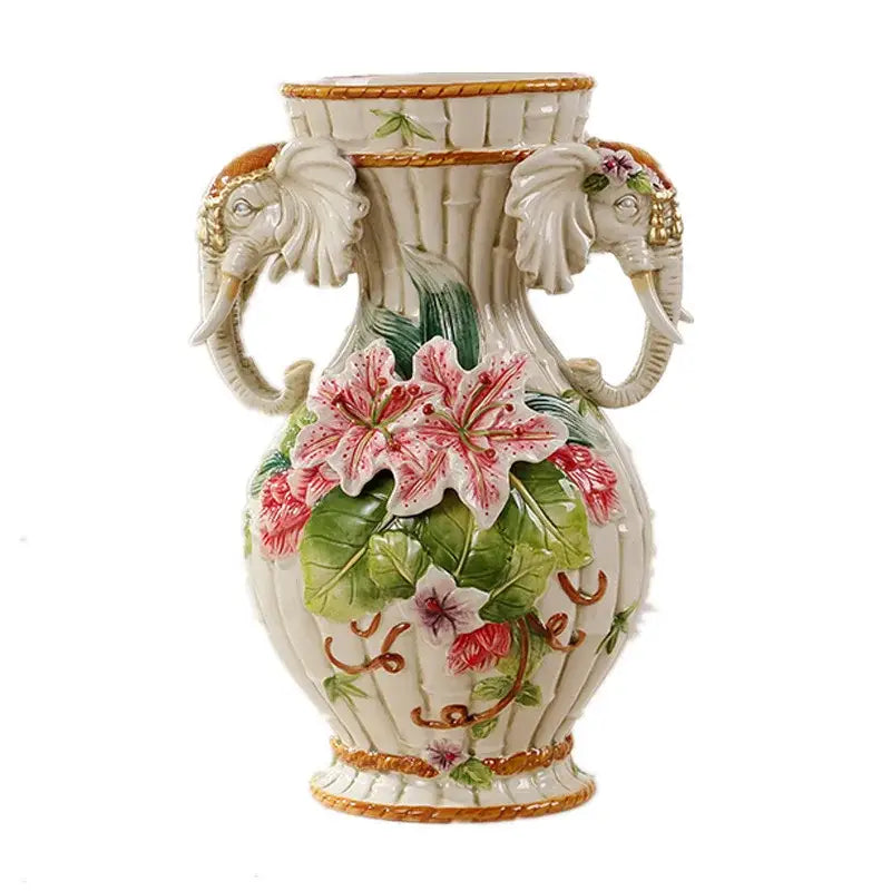 European floral elephant vase white & pink ceramic living room decor