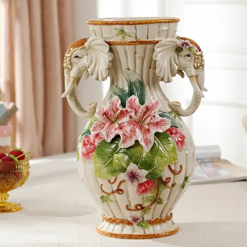 European floral elephant vase white & pink ceramic living room decor