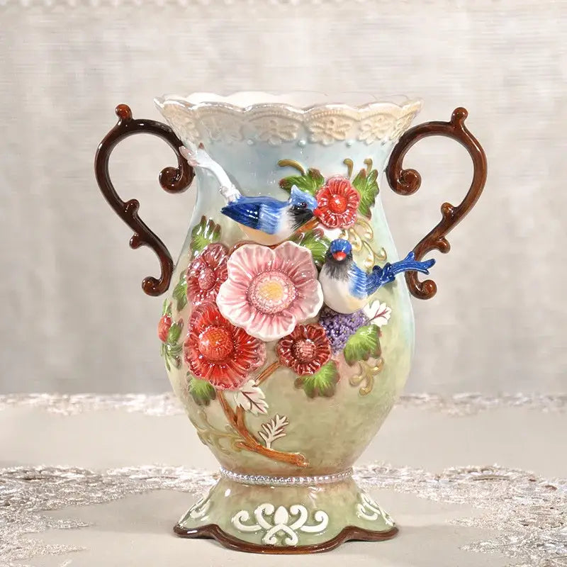 European floral elephant vase white & pink ceramic living room decor