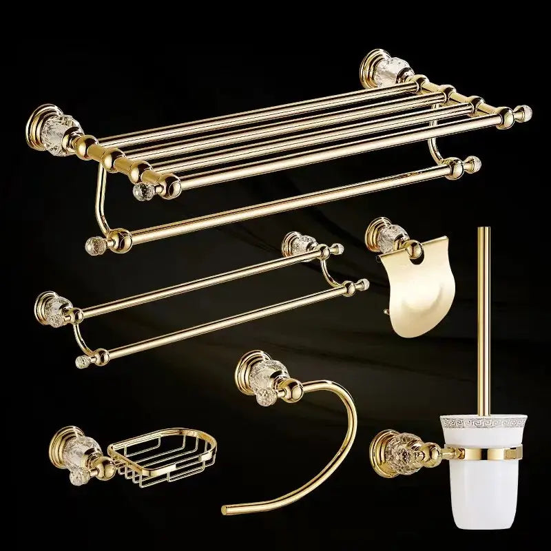 European gold and crystal bathroom towel rack with toilet brush holder