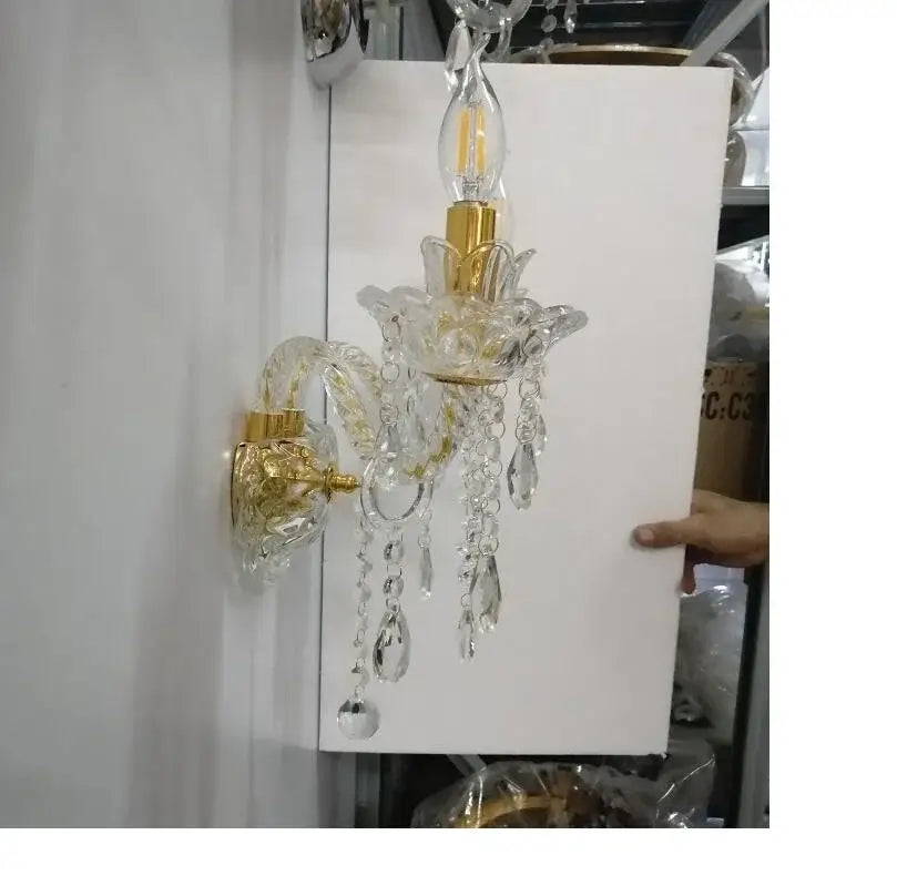 European gold crystal wall lamp bedroom candle sconce