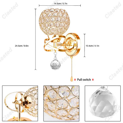 European gold crystal wall light bedroom sconce
