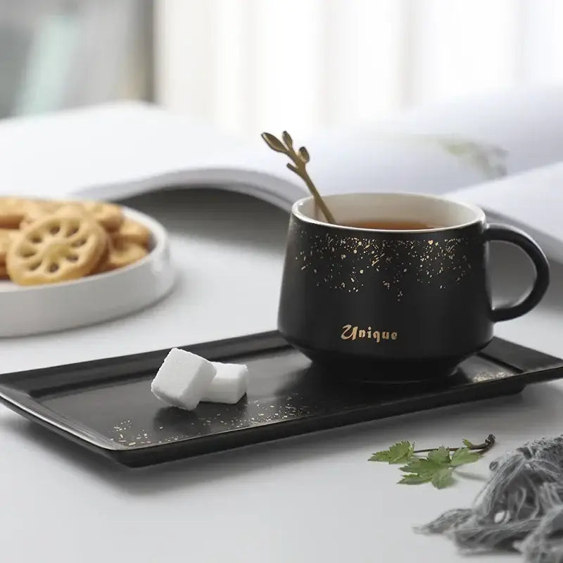 European style black & white ceramic coffee cup set dining room gold rim