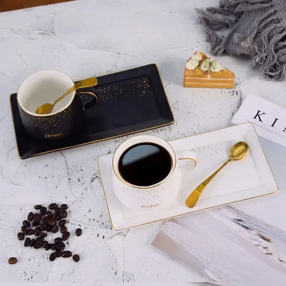 European style black & white ceramic coffee cup set dining room gold rim