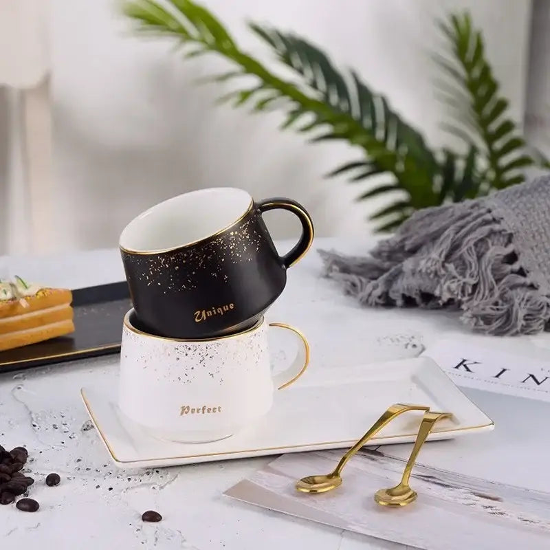 European style black & white ceramic coffee cup set dining room gold rim
