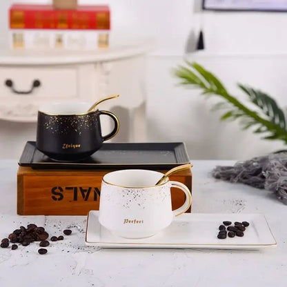 European style black & white ceramic coffee cup set dining room gold rim