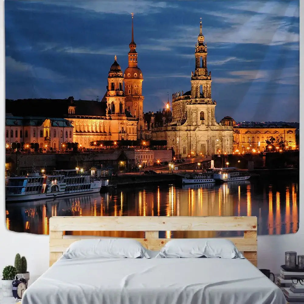 European style city night scene tapestry bedroom wall hanging
