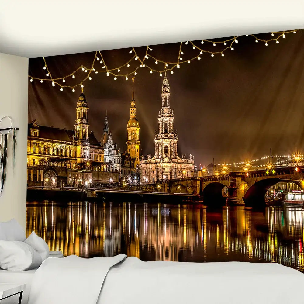 European style city night scene tapestry bedroom wall hanging